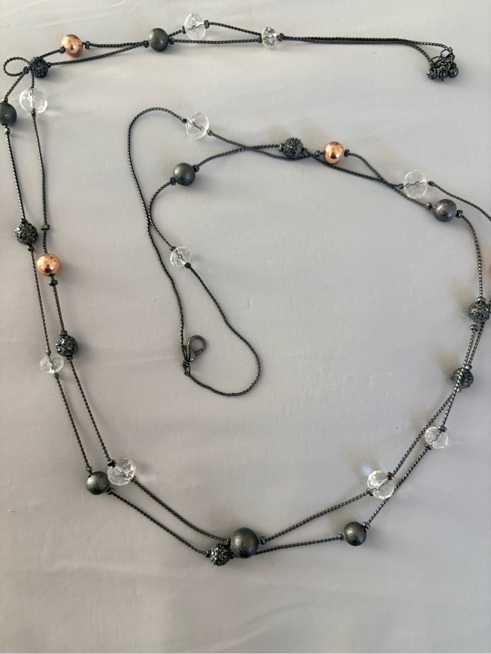 Long double Layered Hematite and Crystal Bead Necklace - Women Jewelry